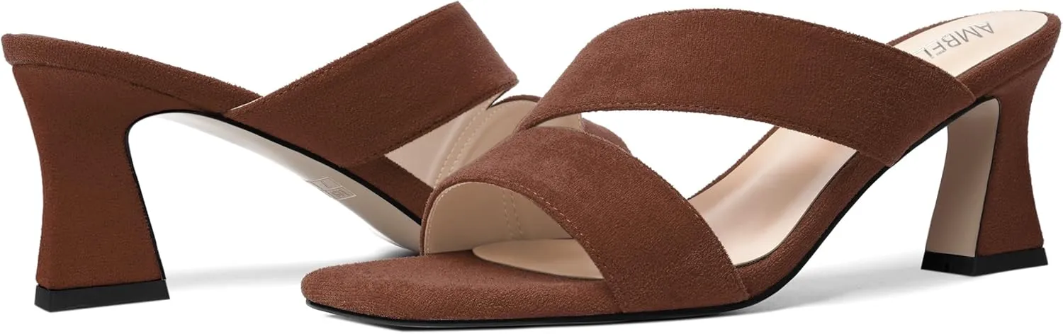 AMBELIGHT Womens Suede Slip On Square Toe Dress Solid Outdoor Kitten Mid Heel Sandals 2.5 Inch