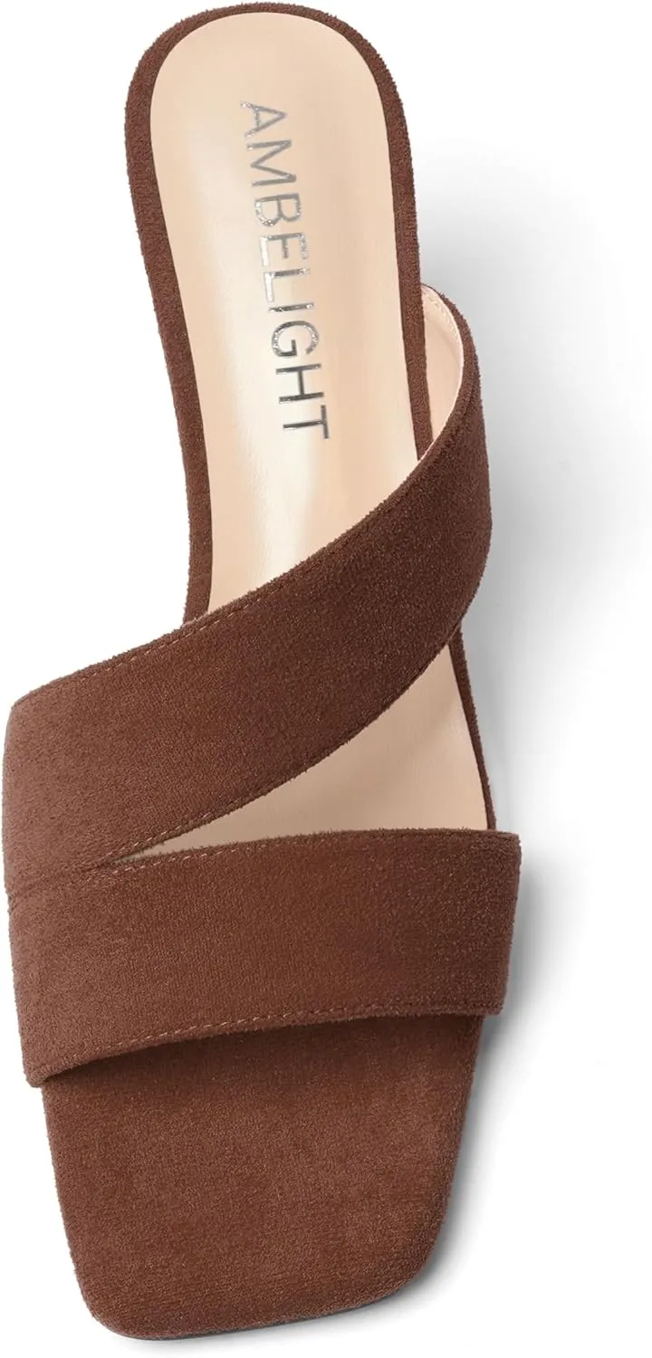 AMBELIGHT Womens Suede Slip On Square Toe Dress Solid Outdoor Kitten Mid Heel Sandals 2.5 Inch