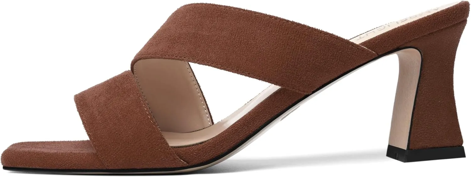 AMBELIGHT Womens Suede Slip On Square Toe Dress Solid Outdoor Kitten Mid Heel Sandals 2.5 Inch