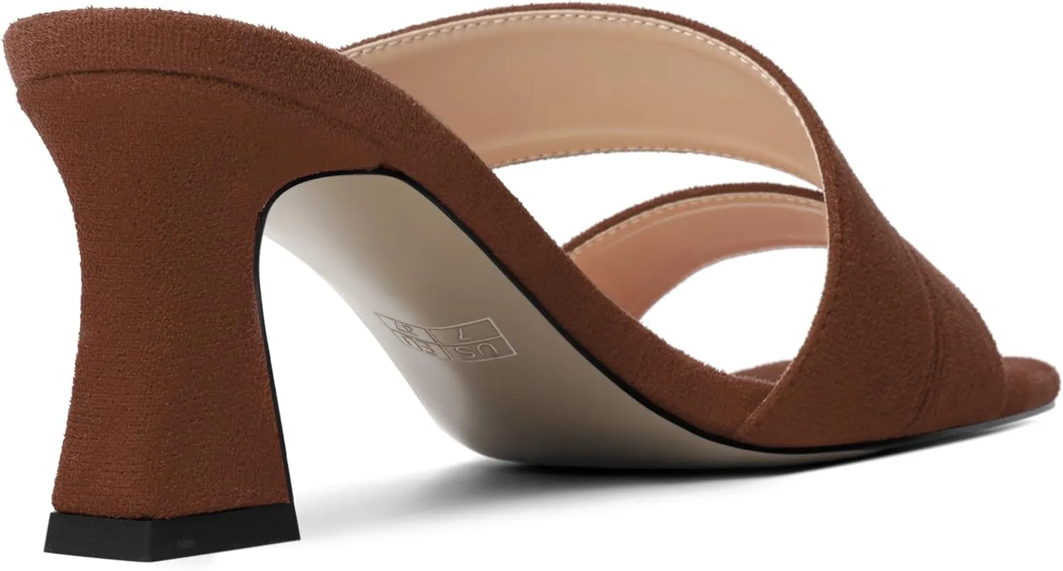 AMBELIGHT Womens Suede Slip On Square Toe Dress Solid Outdoor Kitten Mid Heel Sandals 2.5 Inch