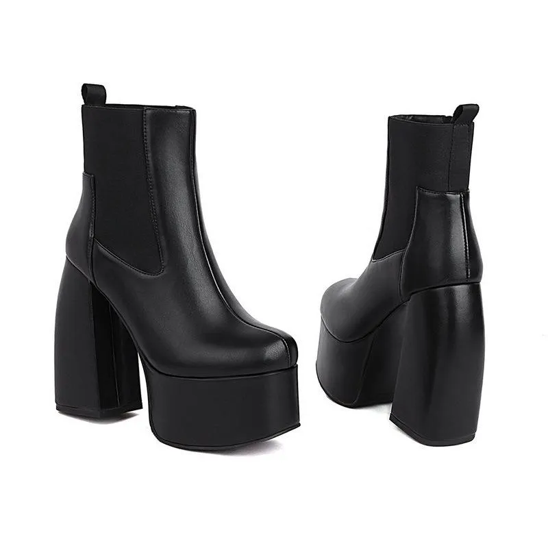 Black slim fit platform chunky high heel short boots for women