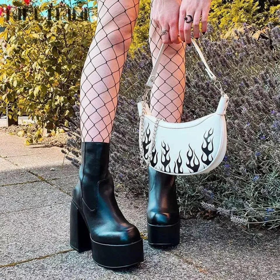 Black slim fit platform chunky high heel short boots for women