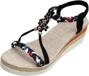 Bohemian Low Wedge Sandals for Women Summer Fashion Wide Width Platform Slip On Ankle Strap Beach Shoes Casual Fashion Multicoloured Open Toe Woven Sandals