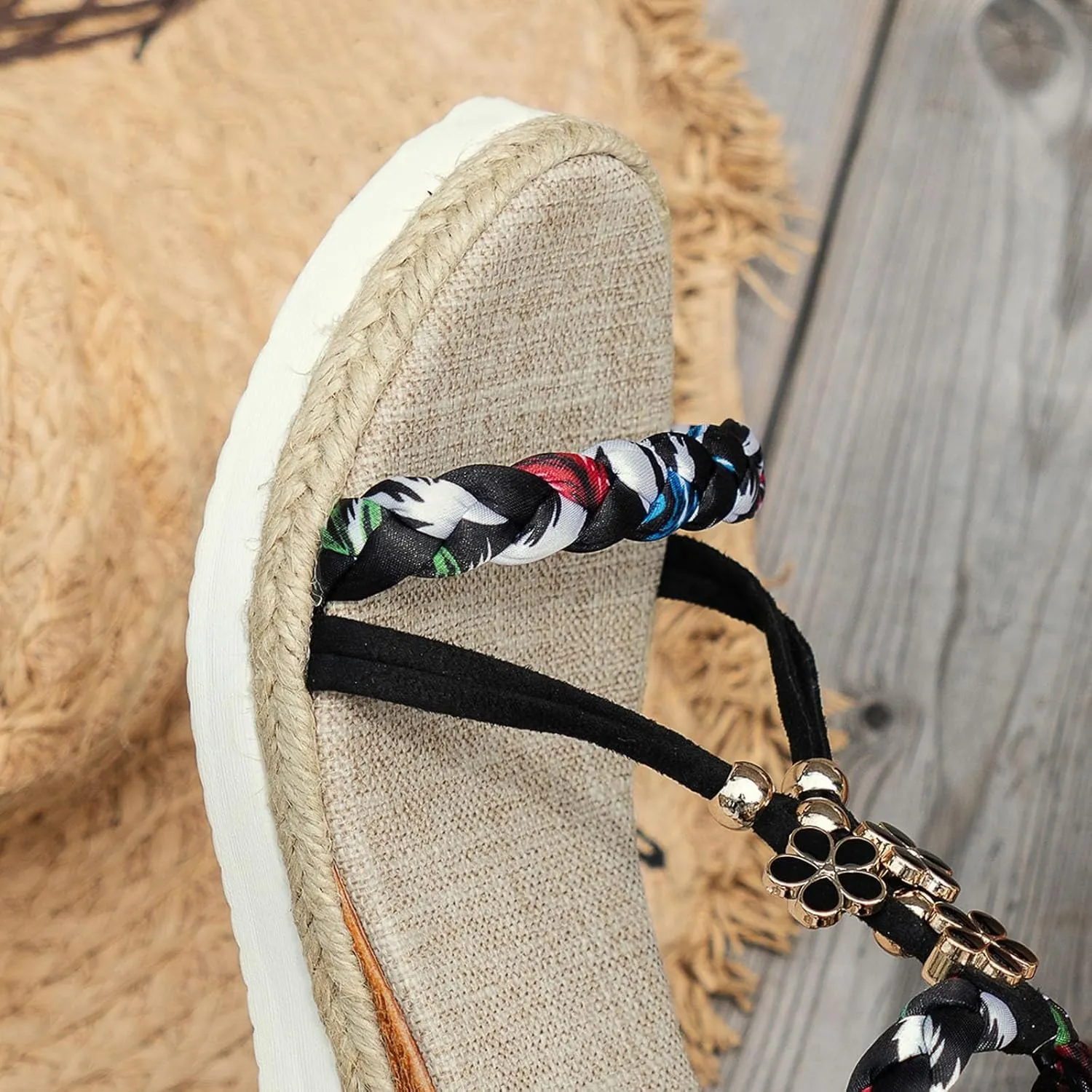Bohemian Low Wedge Sandals for Women Summer Fashion Wide Width Platform Slip On Ankle Strap Beach Shoes Casual Fashion Multicoloured Open Toe Woven Sandals