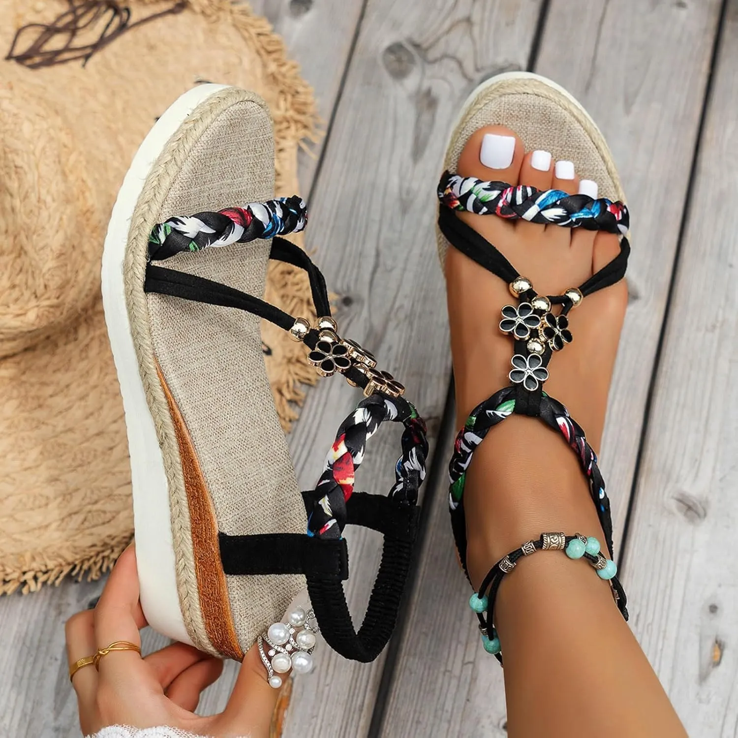 Bohemian Low Wedge Sandals for Women Summer Fashion Wide Width Platform Slip On Ankle Strap Beach Shoes Casual Fashion Multicoloured Open Toe Woven Sandals