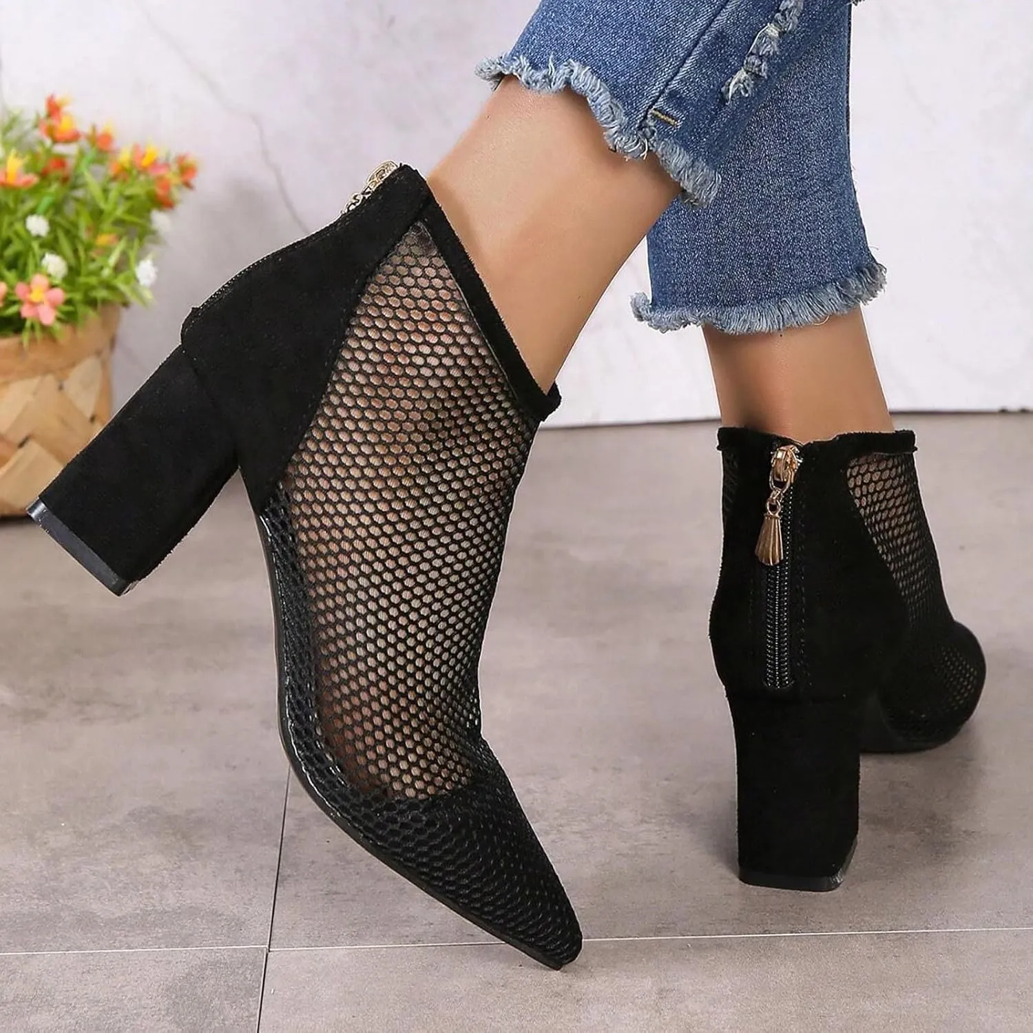 Boots for Women Fashion Ankle Booties Breathable Mesh Summer Boots Zipper Dressy Booties for Ladies