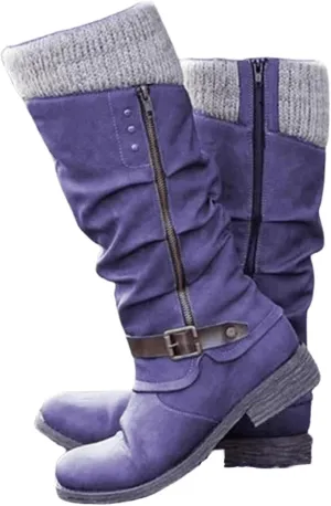 Boots For Women Knee High Wide Calf Mid Calf Combat Boots with Low Heel Square Toe Biker Motorcycle Riding Dress Boots