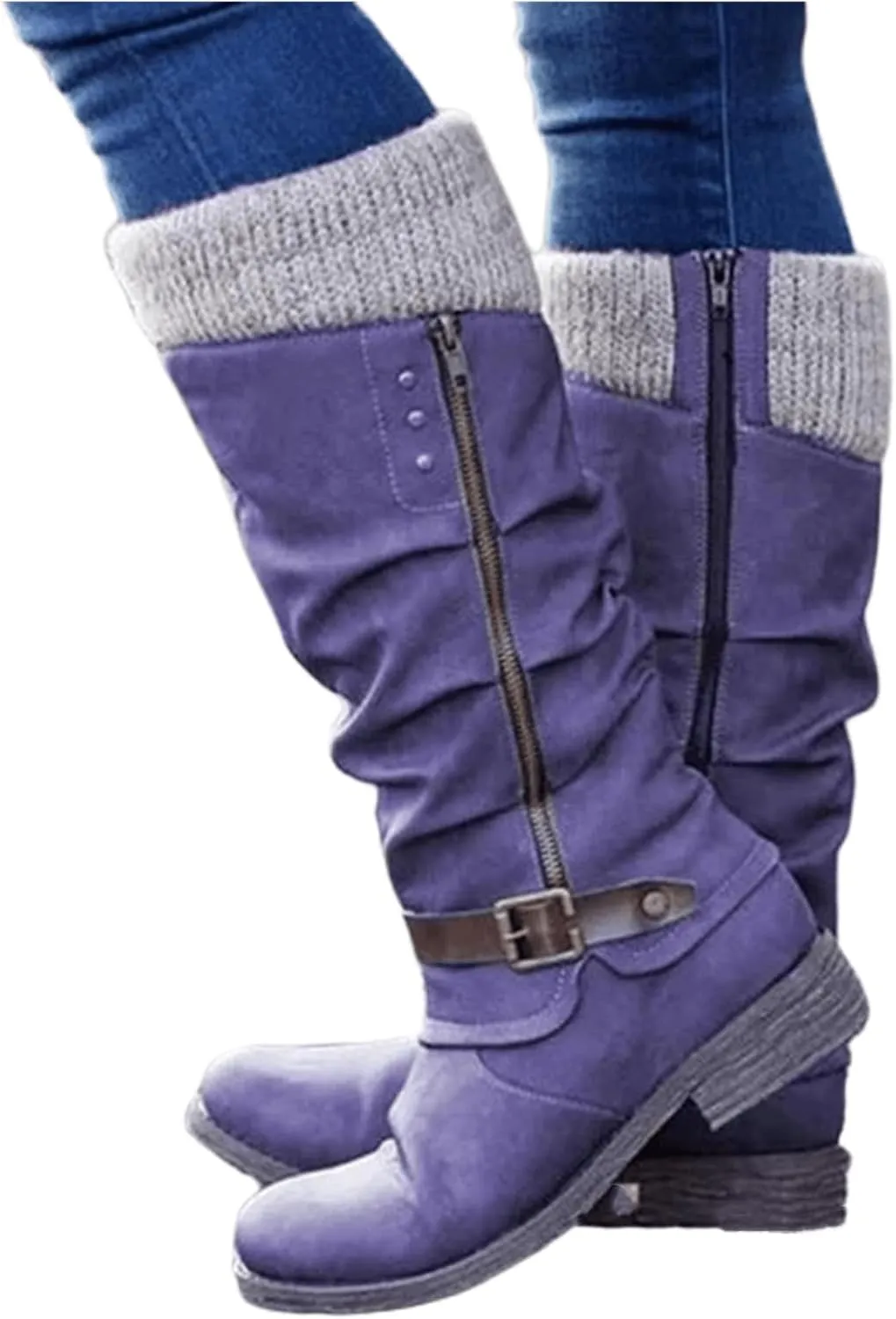 Boots For Women Knee High Wide Calf Mid Calf Combat Boots with Low Heel Square Toe Biker Motorcycle Riding Dress Boots