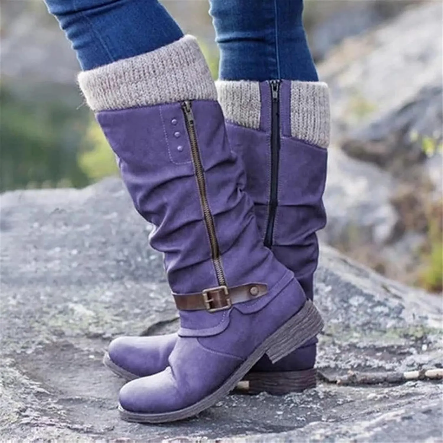 Boots For Women Knee High Wide Calf Zipper Mid Calf Military Combat Boots Low Heel Biker Motorcycle Riding Boots 2024