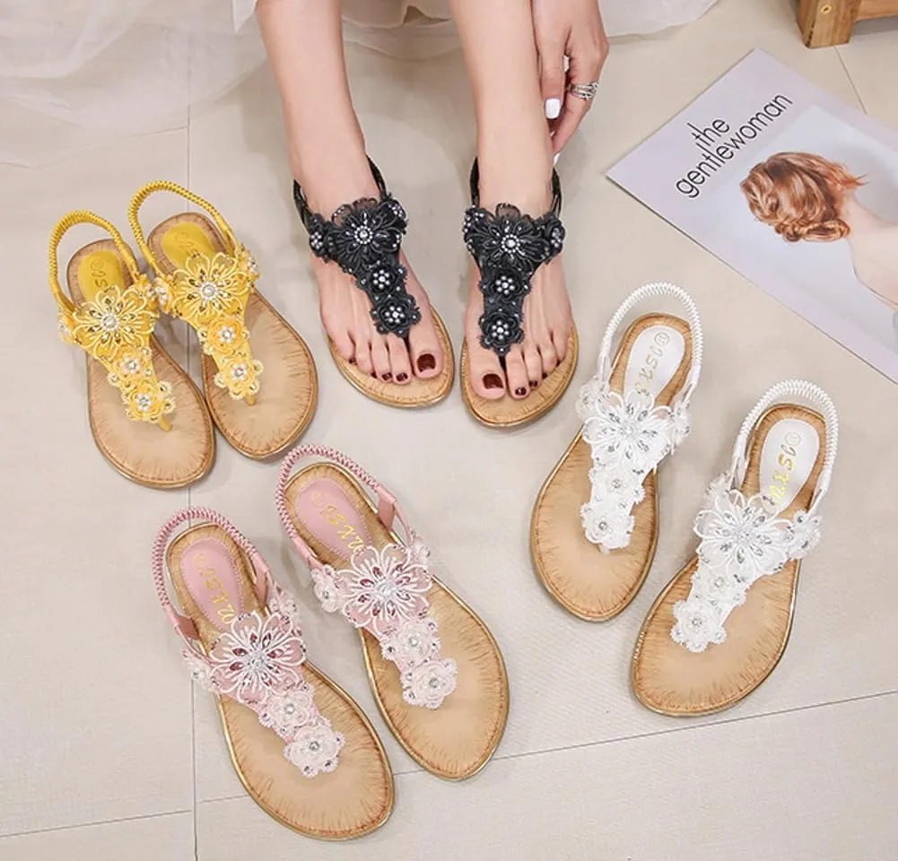 Caistre Womens Summer Flower Flat Sandals Comfortable Arch Support Walking Dressy Sandal Elastic Straps Outdoor Beach Shoes