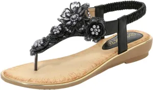 Caistre Womens Summer Flower Flat Sandals Comfortable Arch Support Walking Dressy Sandal Elastic Straps Outdoor Beach Shoes