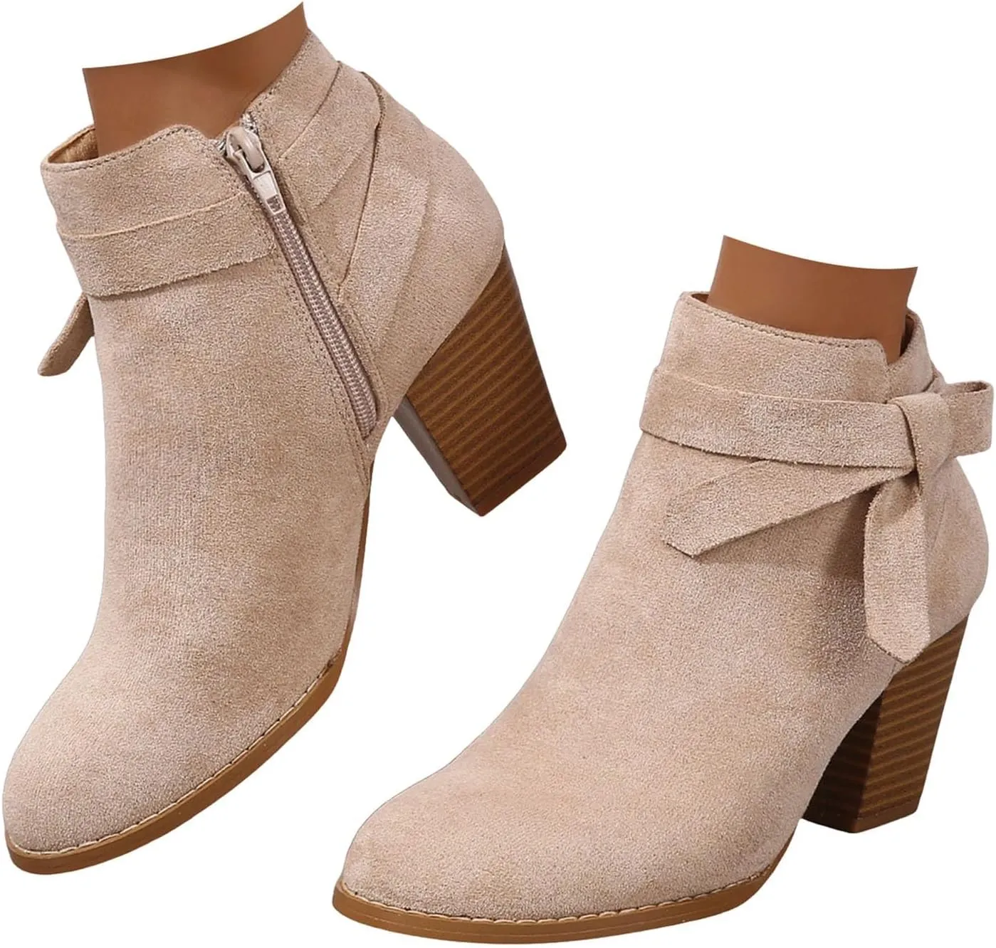 Cathalem Ankle Boots for Women, Women's Tie Knot Chelsea Pump Ankle Boots Closed Toe Stacked Heel Booties Shoes
