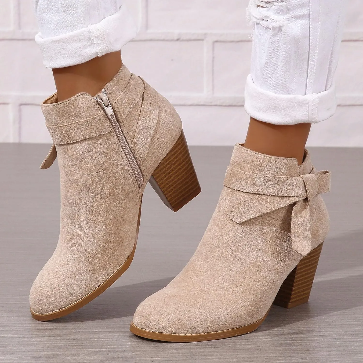 Cathalem Ankle Boots for Women, Women's Tie Knot Chelsea Pump Ankle Boots Closed Toe Stacked Heel Booties Shoes