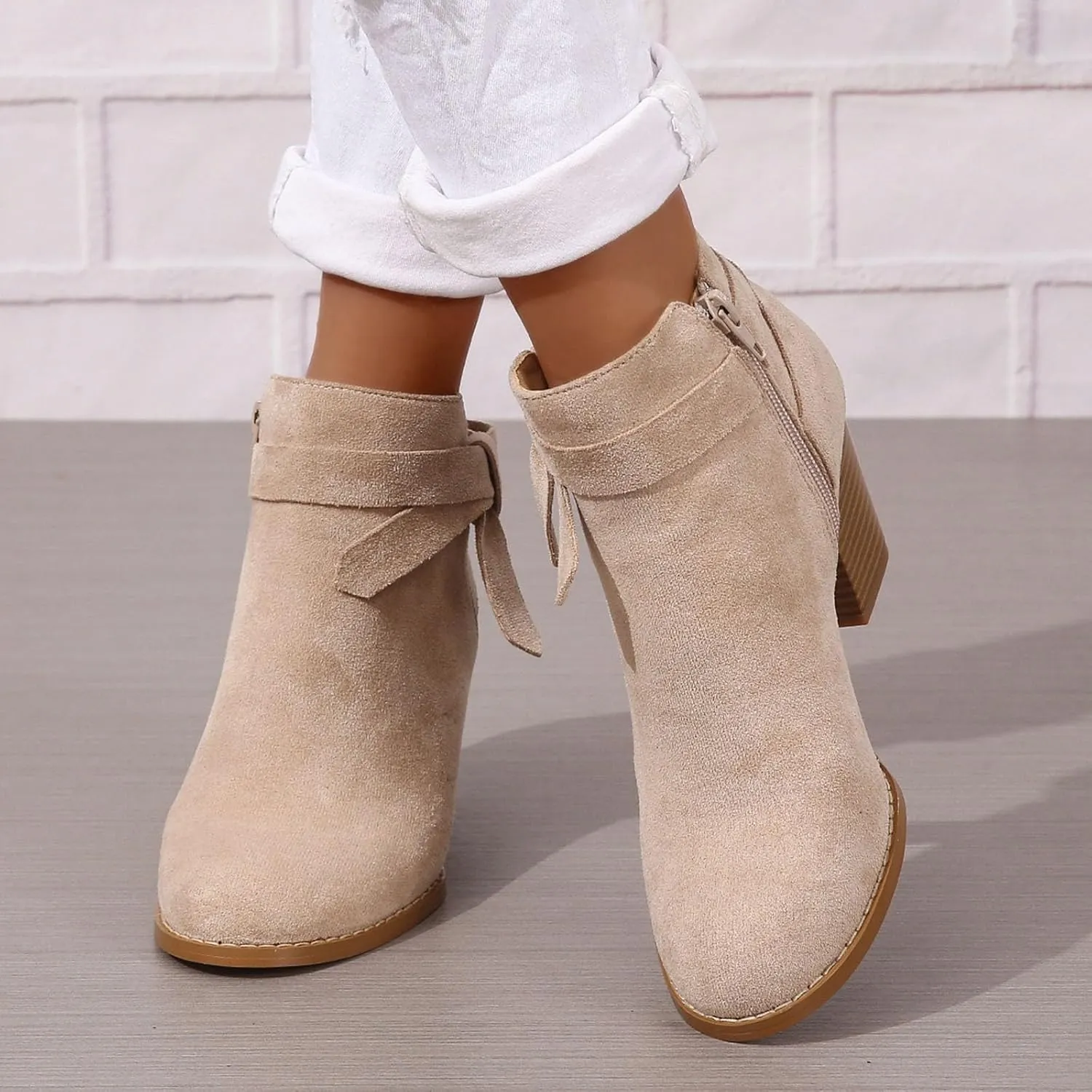 Cathalem Ankle Boots for Women, Women's Tie Knot Chelsea Pump Ankle Boots Closed Toe Stacked Heel Booties Shoes