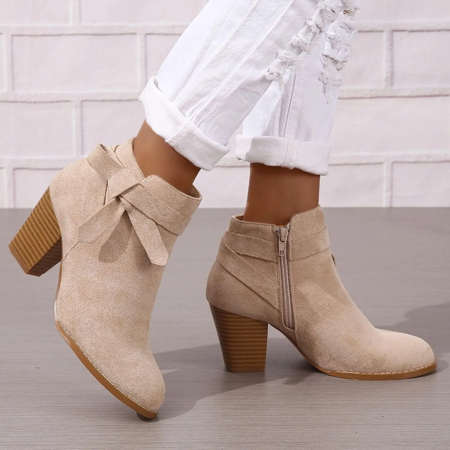 Cathalem Ankle Boots for Women, Women's Tie Knot Chelsea Pump Ankle Boots Closed Toe Stacked Heel Booties Shoes