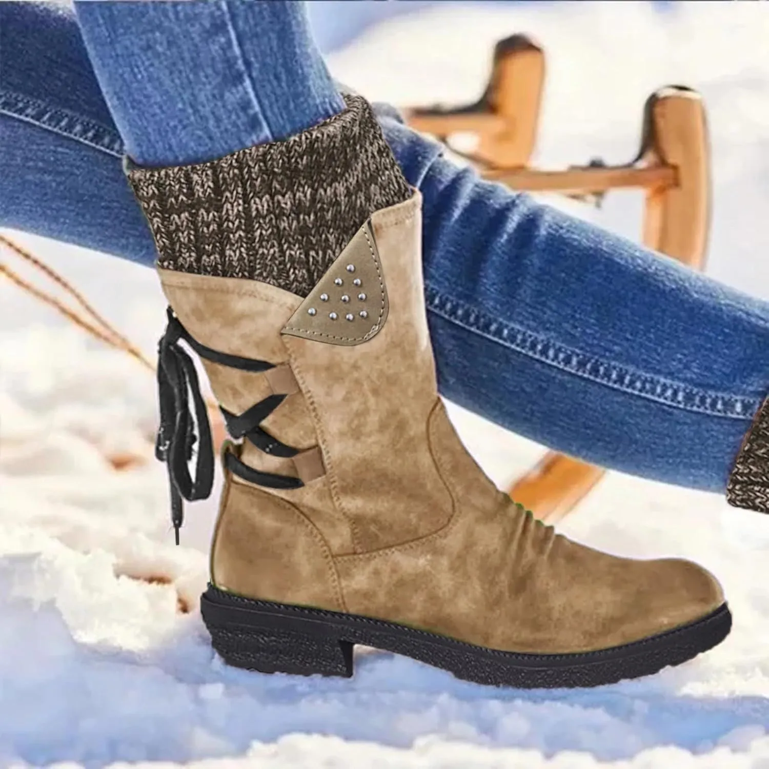 Cathalem Mid Calf Boots for Women Mid Calf Dress Boots Biker Motorcycle Riding Boots Women For Women Womens Winter Boots