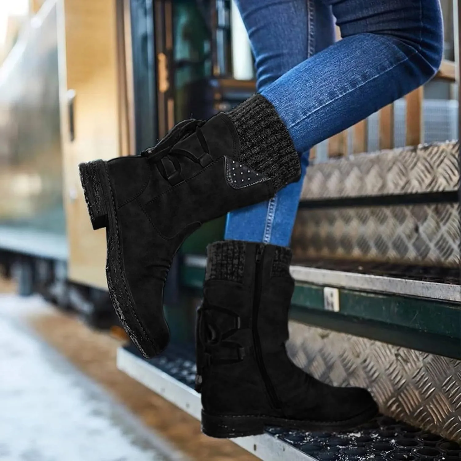Cathalem Mid Calf Boots for Women Mid Calf Dress Boots Biker Motorcycle Riding Boots Women For Women Womens Winter Boots