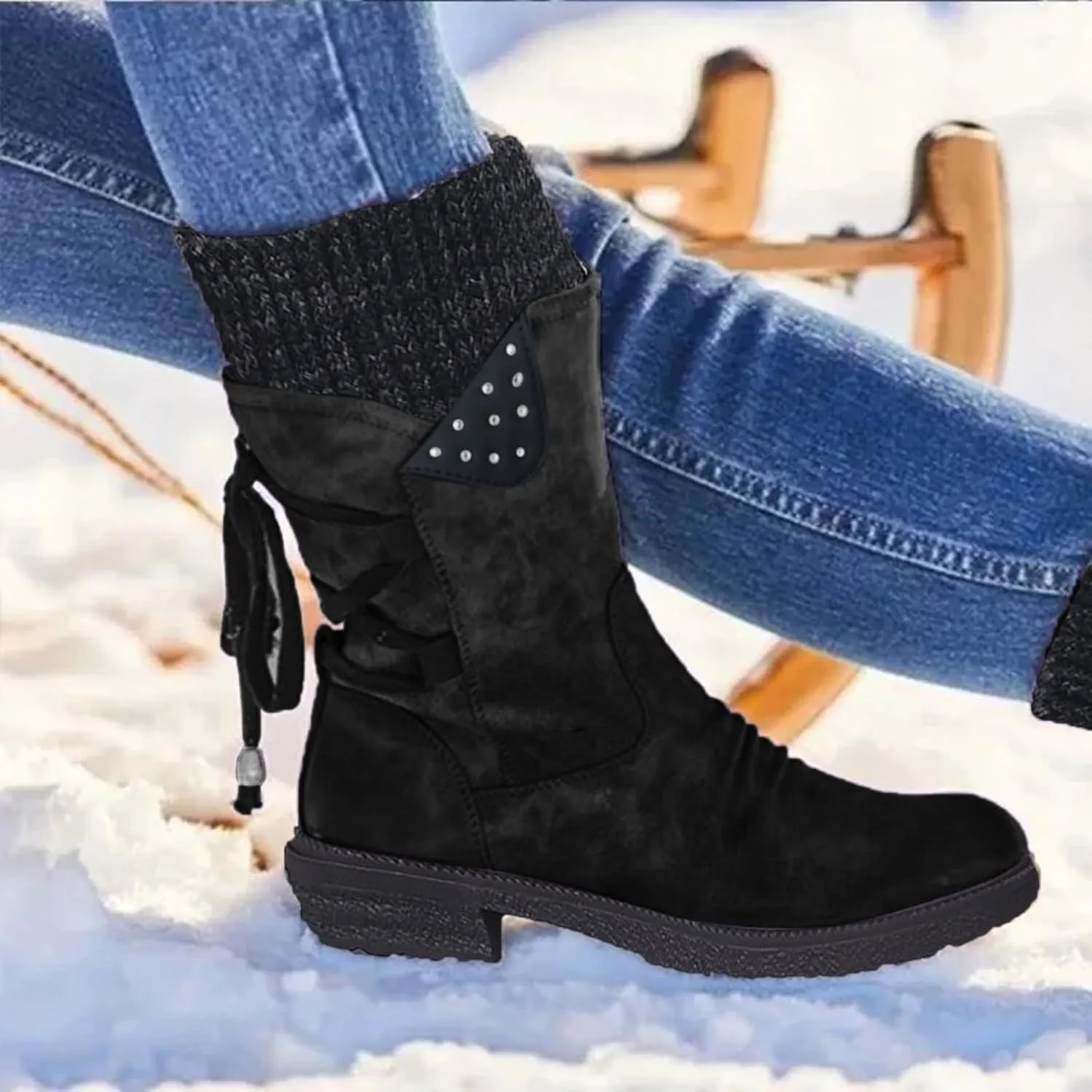 Cathalem Mid Calf Boots for Women Mid Calf Dress Boots Biker Motorcycle Riding Boots Women For Women Womens Winter Boots