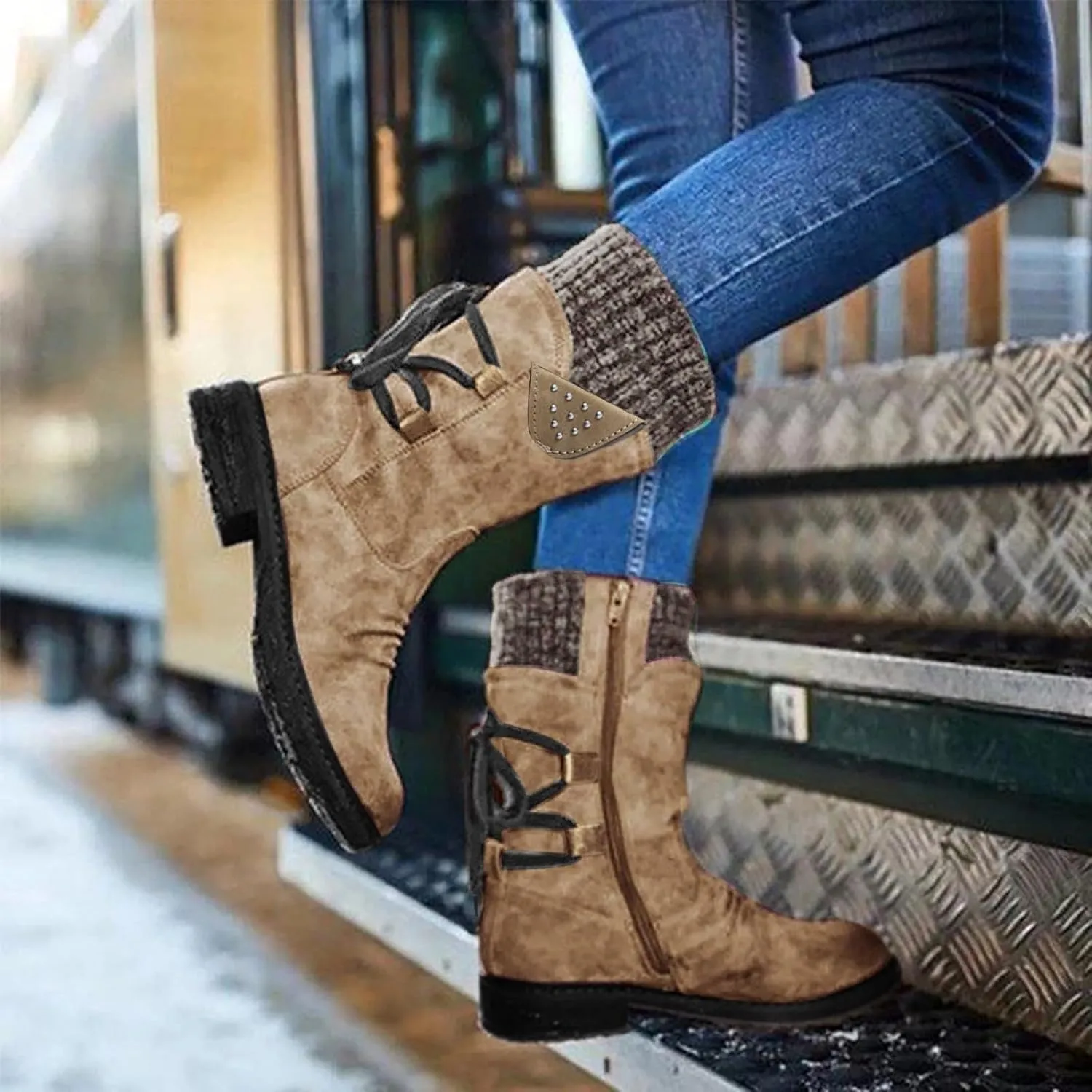 Cathalem Mid Calf Boots for Women Mid Calf Dress Boots Biker Motorcycle Riding Boots Women For Women Womens Winter Boots