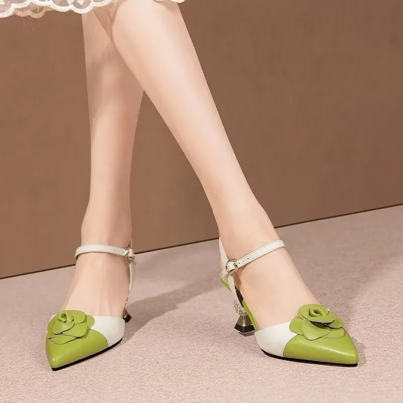 Chic Cow Leather Buckle Slingback Heels