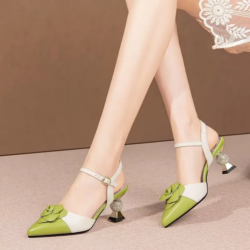 Chic Cow Leather Buckle Slingback Heels