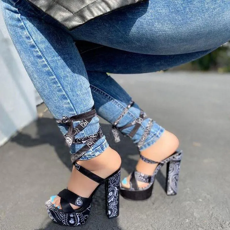 Chicvane Paisley Print Chunky Heel Platform Pumps Lace Up Heeled Sandals