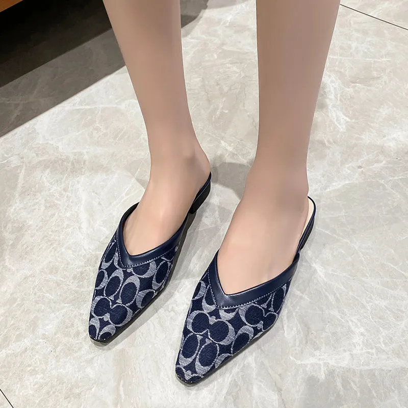 Classic Navy Blue Letter Print Flat Mules