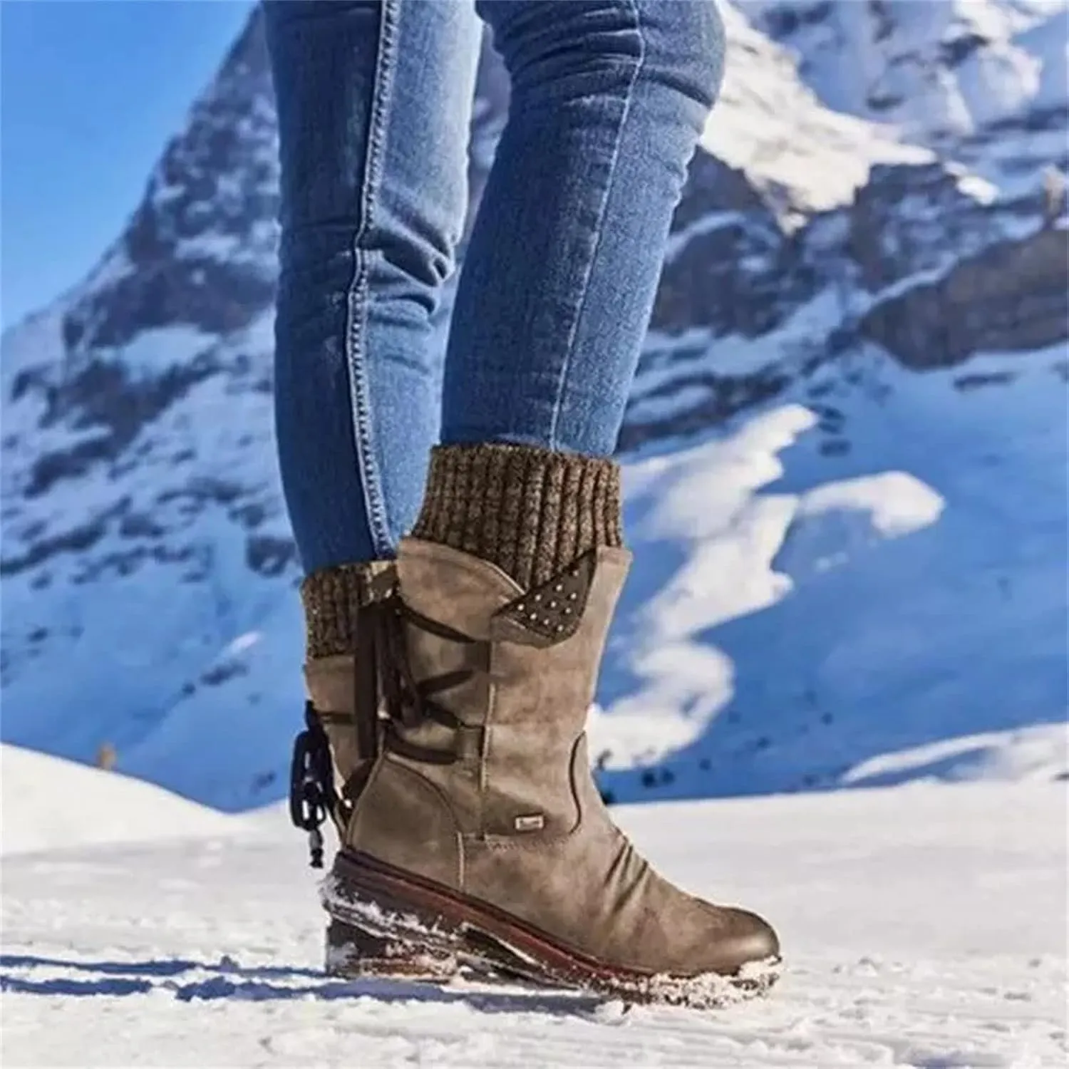 Cowgirl Boots Women Wide Calf Zipper Mid Calf Riding Winter boots Low Heel Motorcycle Combat Military Biker Ankle booties