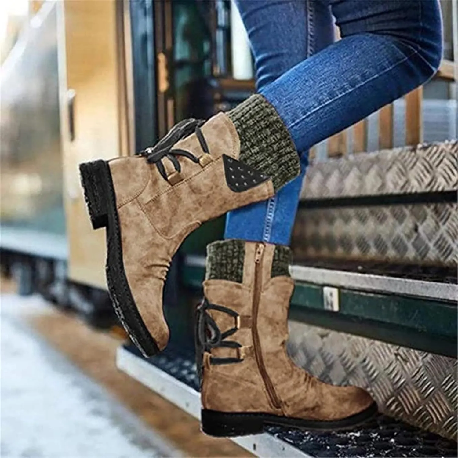 Cowgirl Boots Women Wide Calf Zipper Mid Calf Riding Winter boots Low Heel Motorcycle Combat Military Biker Ankle booties