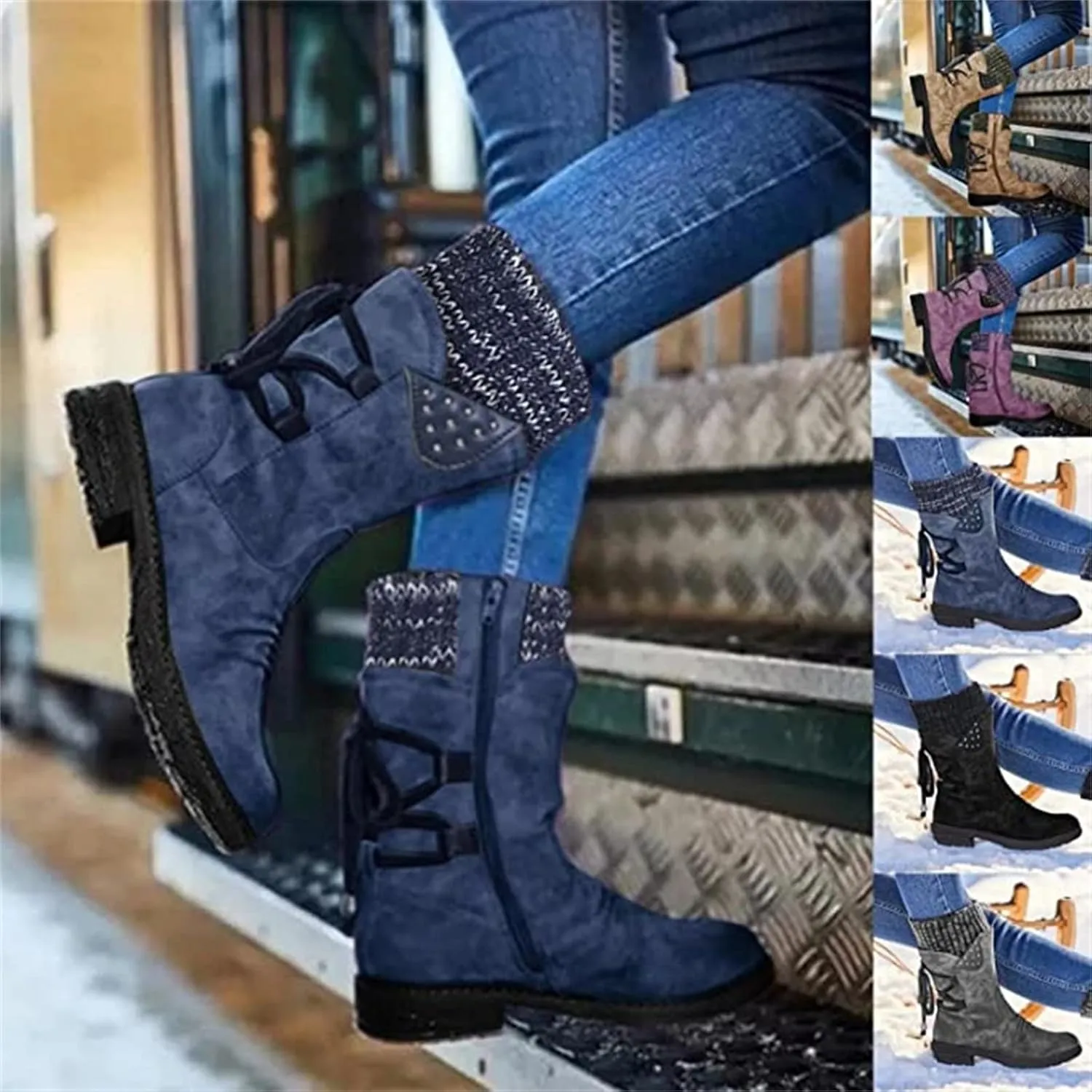 Cowgirl Boots Women Wide Calf Zipper Mid Calf Riding Winter boots Low Heel Motorcycle Combat Military Biker Ankle booties