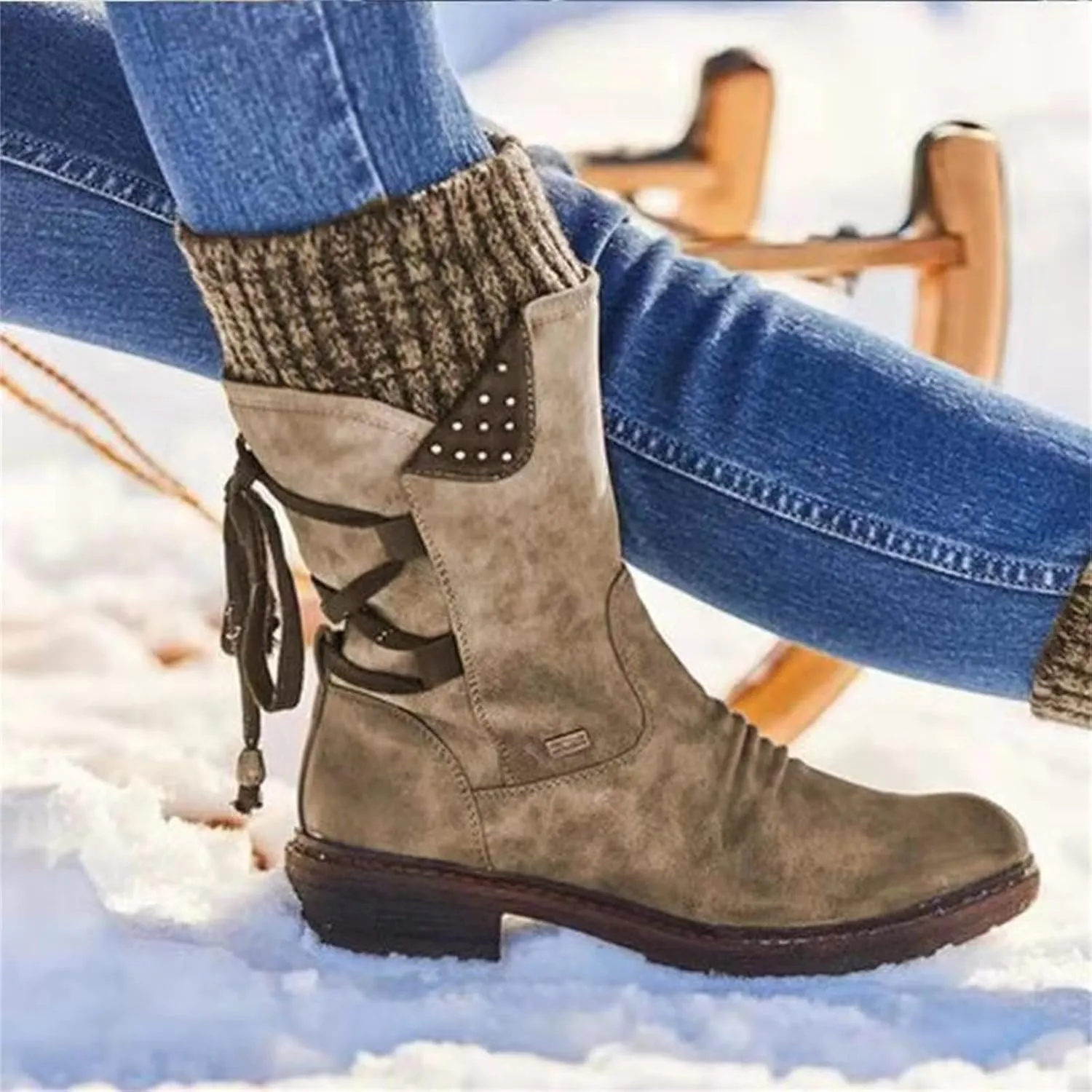 Cowgirl Boots Women Wide Calf Zipper Mid Calf Riding Winter boots Low Heel Motorcycle Combat Military Biker Ankle booties