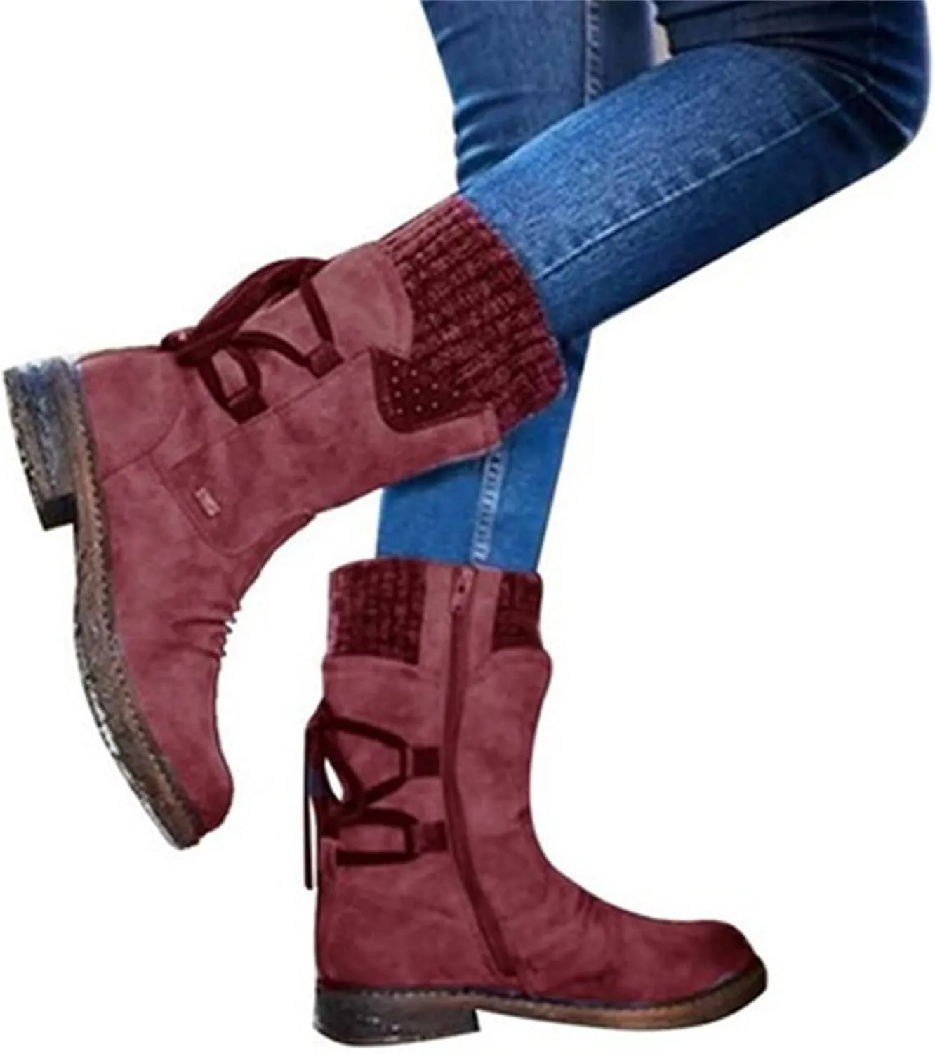 Cowgirl Boots Women Wide Calf Zipper Mid Calf Riding Winter boots Low Heel Motorcycle Combat Military Biker Ankle booties