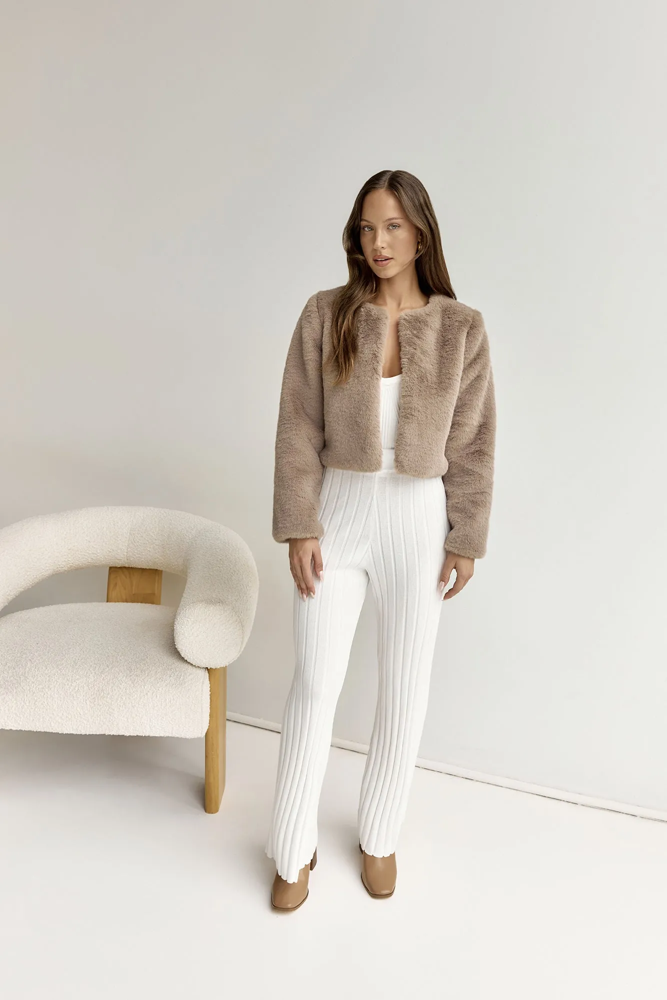 Day By Day Faux Fur Cropped Jacket Brown