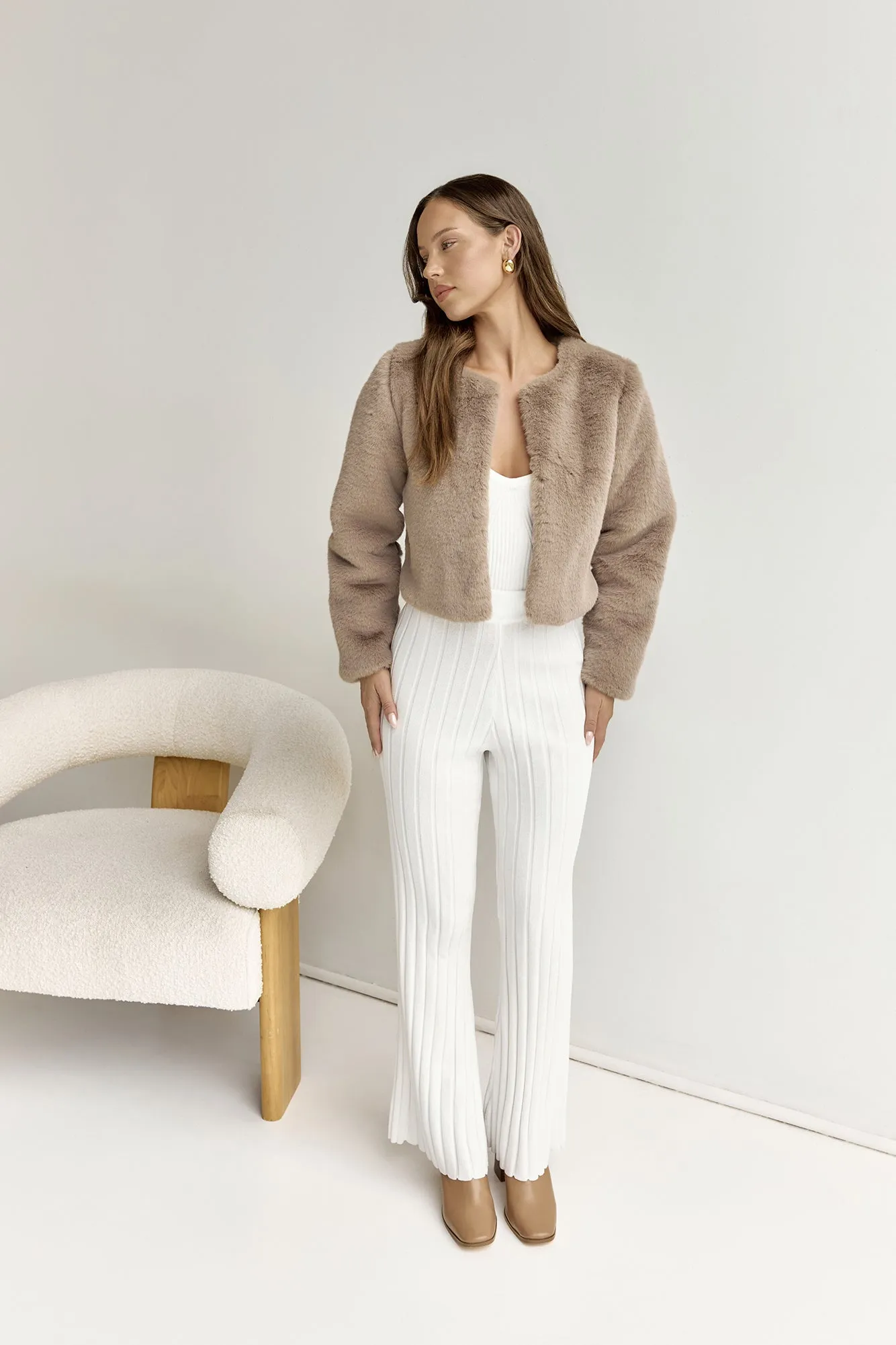 Day By Day Faux Fur Cropped Jacket Brown