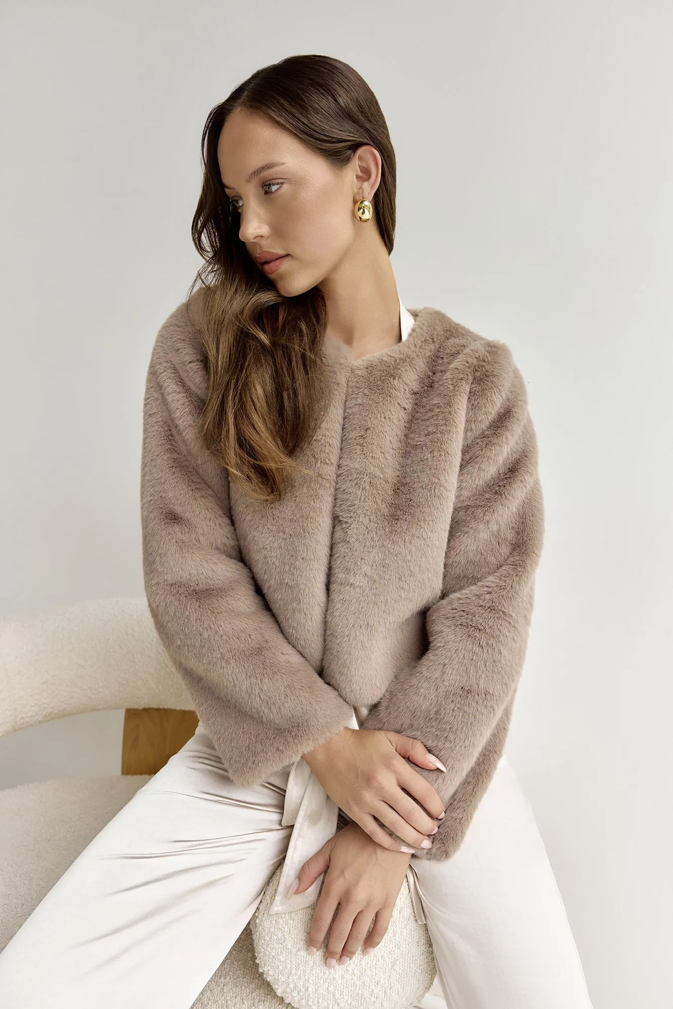 Day By Day Faux Fur Cropped Jacket Brown