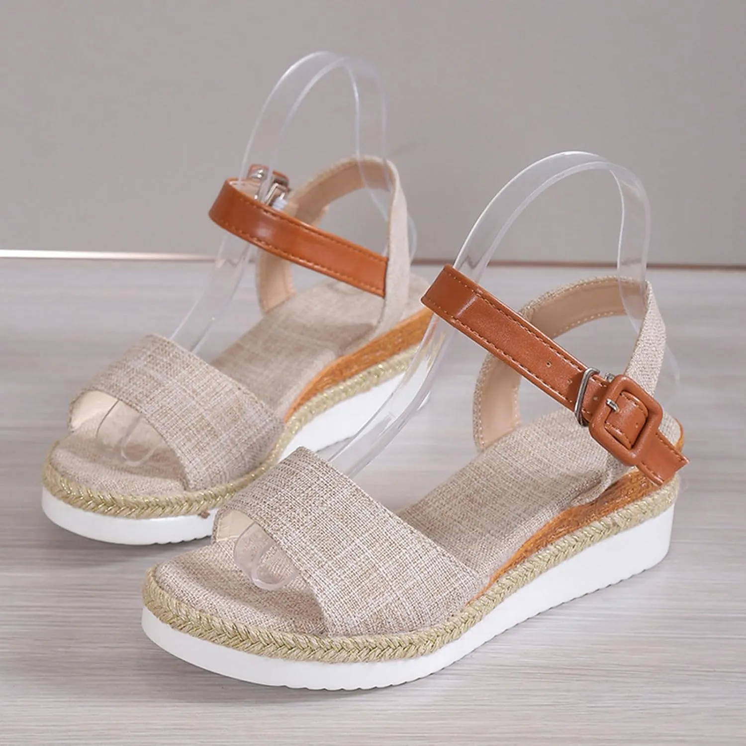 Espadrille Dressy Wedge Sandals Orthopedic Platform Espadrille Slip On Sandals Comfortable Fashion Braided Heels Shoes with Adjustable Ankle Strap Metal Buckle