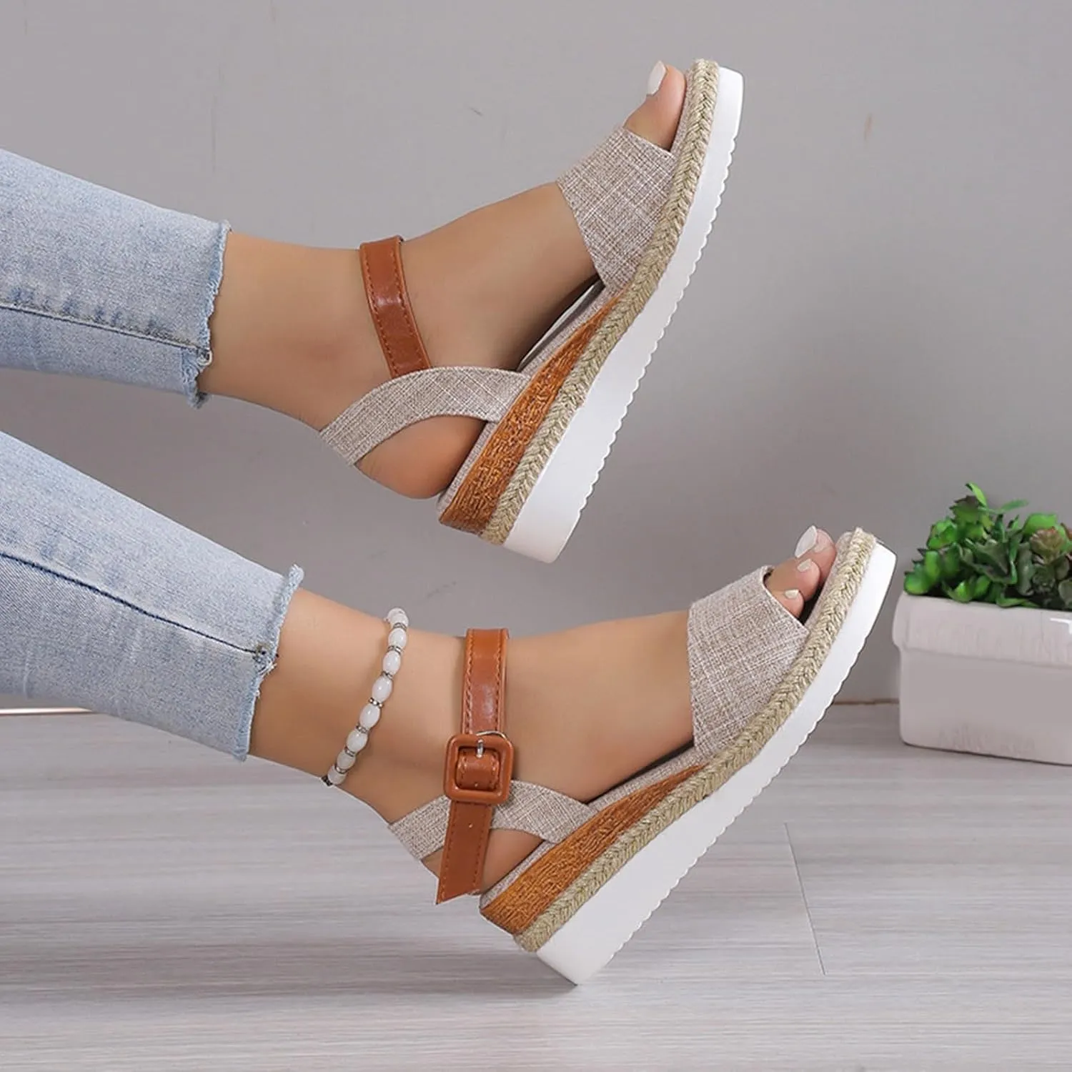 Espadrille Dressy Wedge Sandals Orthopedic Platform Espadrille Slip On Sandals Comfortable Fashion Braided Heels Shoes with Adjustable Ankle Strap Metal Buckle