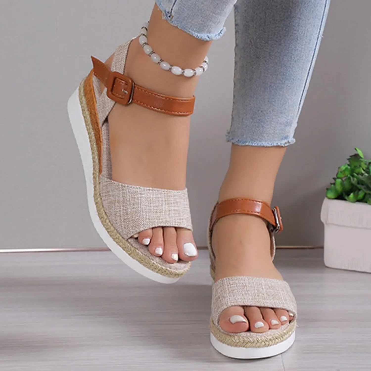 Espadrille Dressy Wedge Sandals Orthopedic Platform Espadrille Slip On Sandals Comfortable Fashion Braided Heels Shoes with Adjustable Ankle Strap Metal Buckle