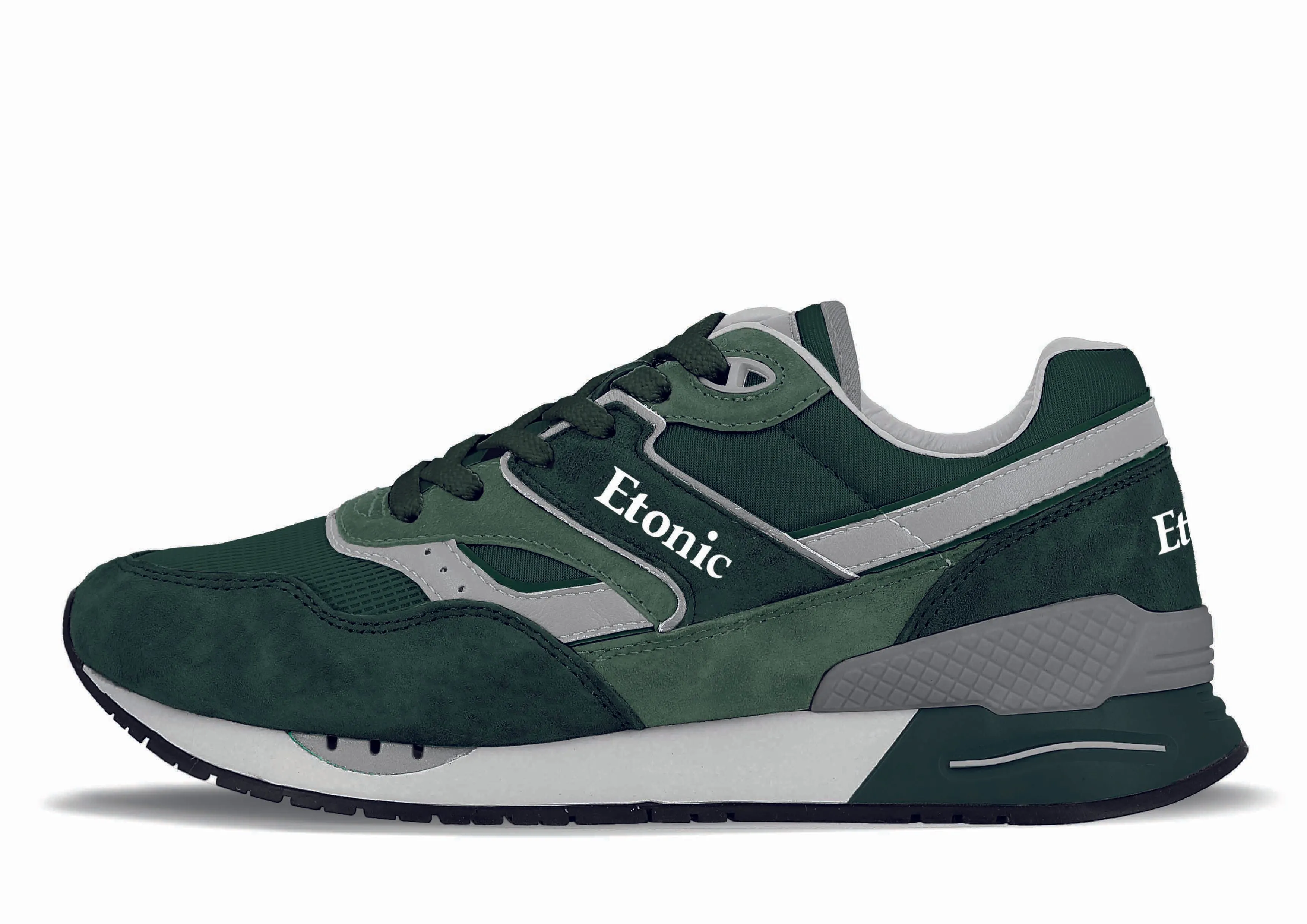 Etonic Stable Base sneakers in pine green mesh fabric and suede with multi-layer light grey leather inserts