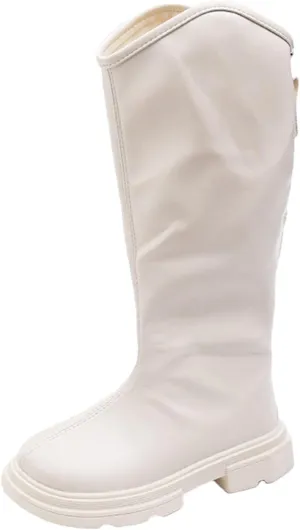 Girls Leather aterproof Long Boots Kids ow Heel Fron Zipper Shoes Childrens Outdoor Dress Dance Soft Shoes Comfy