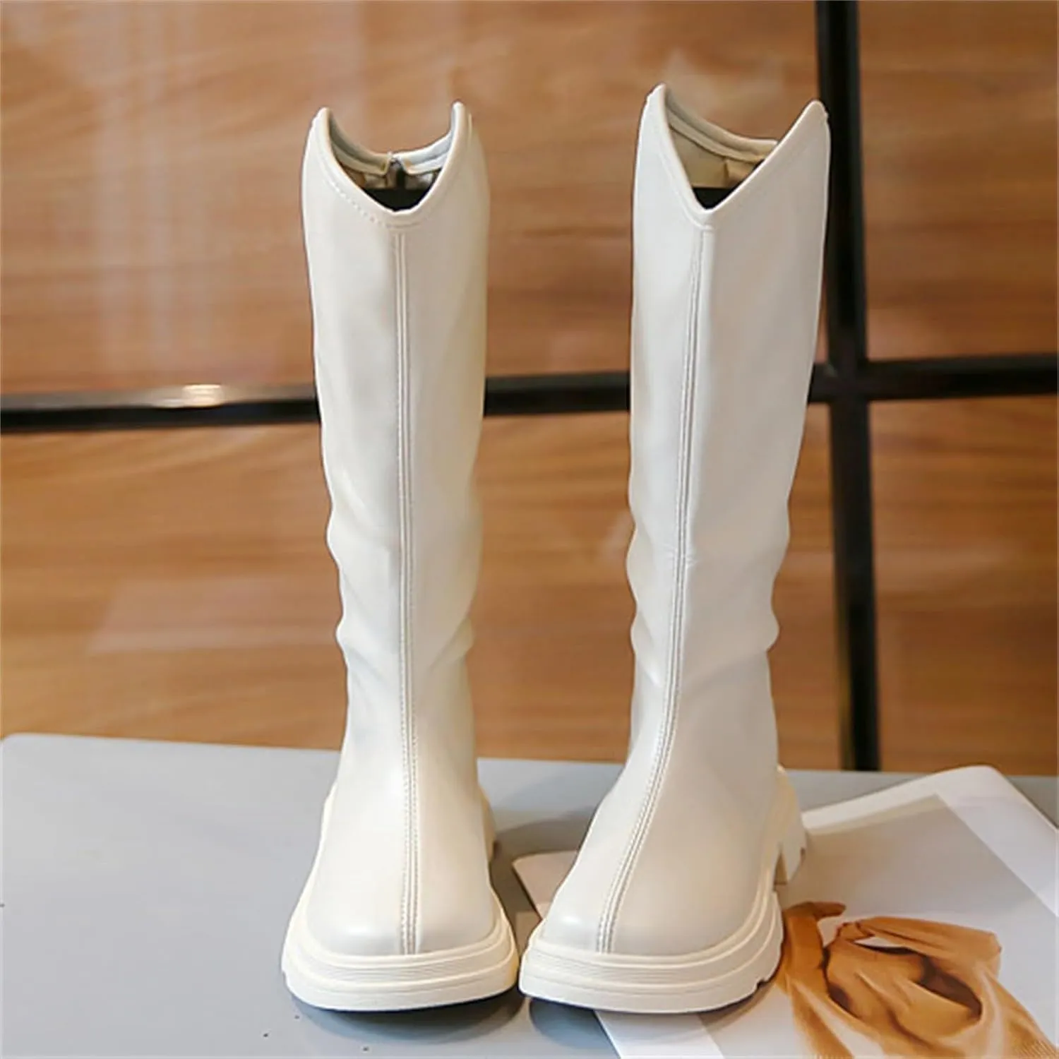Girls Leather aterproof Long Boots Kids ow Heel Fron Zipper Shoes Childrens Outdoor Dress Dance Soft Shoes Comfy