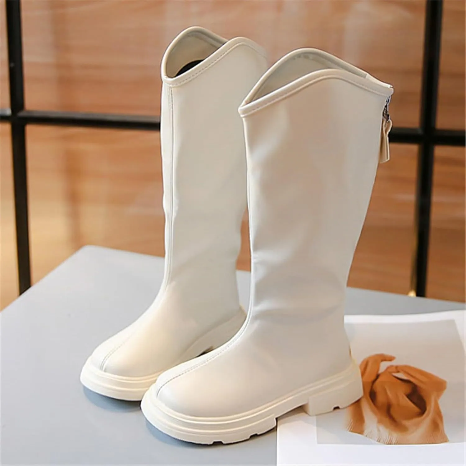 Girls Leather aterproof Long Boots Kids ow Heel Fron Zipper Shoes Childrens Outdoor Dress Dance Soft Shoes Comfy