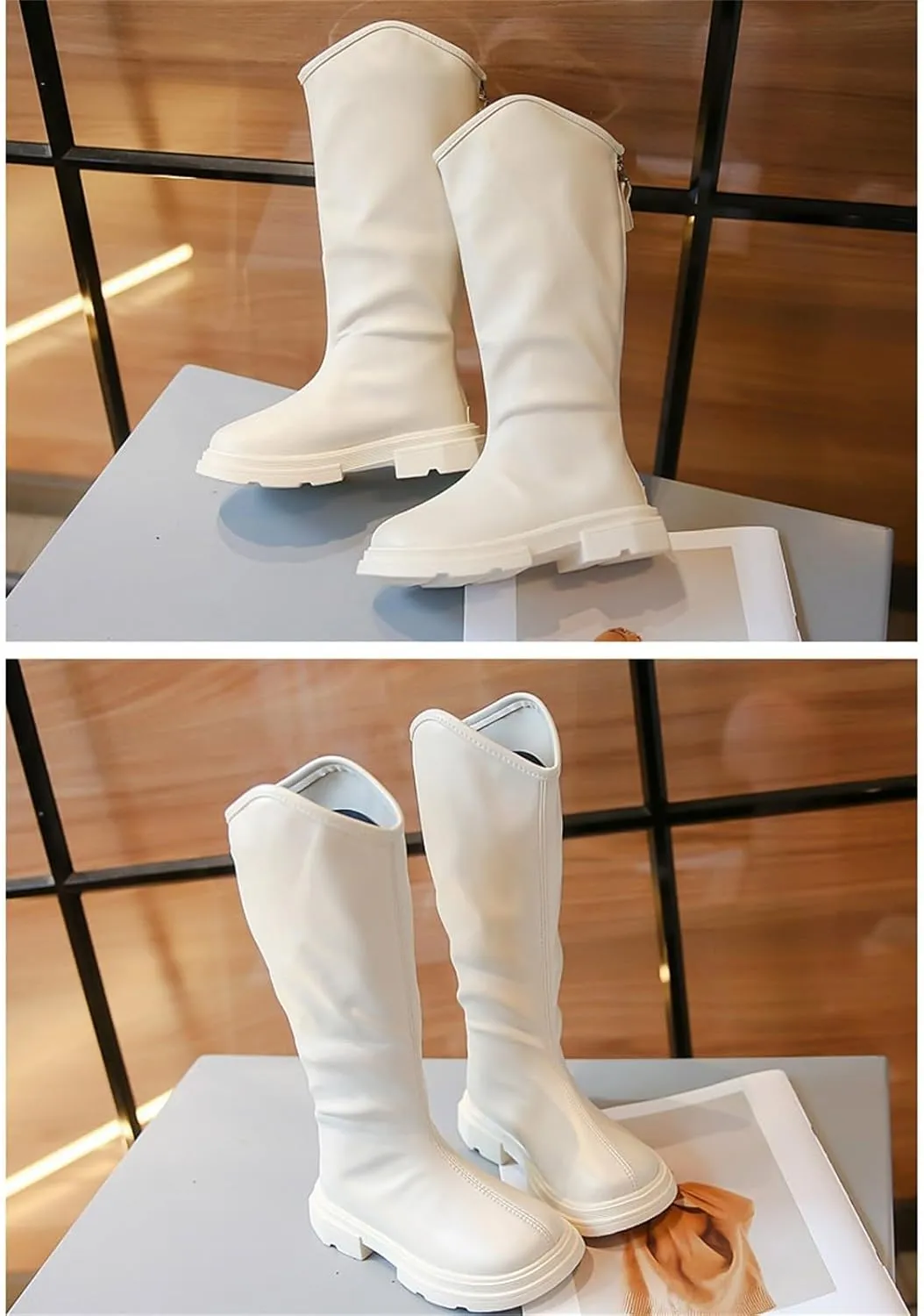 Girls Leather aterproof Long Boots Kids ow Heel Fron Zipper Shoes Childrens Outdoor Dress Dance Soft Shoes Comfy