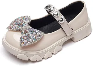 Kids Girls Mary Jane Flats with Bowknot and Rhinestones Dress Shoes for Wedding Party, Champagne, 11 M US Little Kid