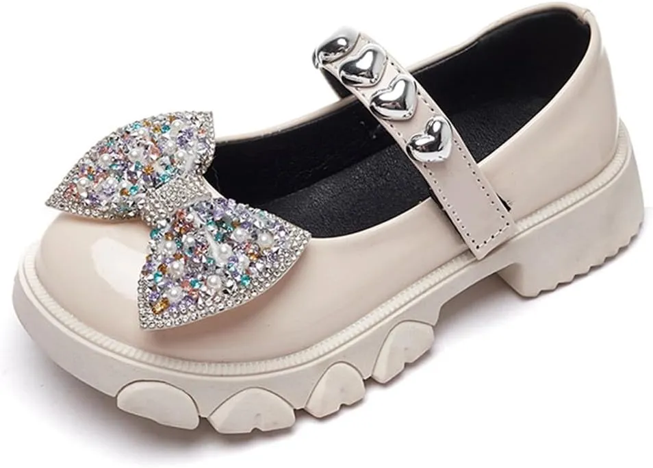 Kids Girls Mary Jane Flats with Bowknot and Rhinestones Dress Shoes for Wedding Party, Champagne, 11 M US Little Kid
