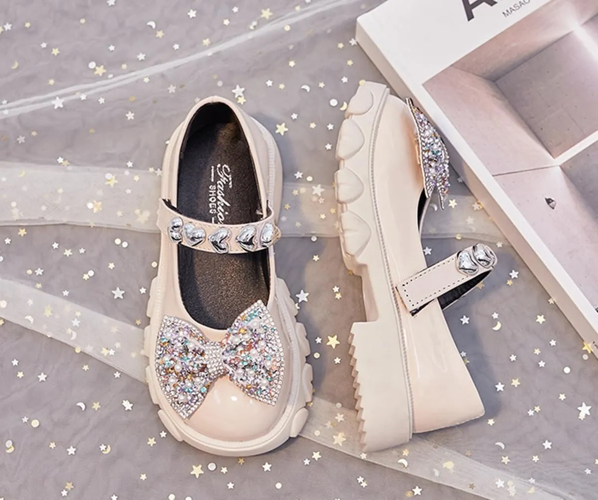 Kids Girls Mary Jane Flats with Bowknot and Rhinestones Dress Shoes for Wedding Party, Champagne, 11 M US Little Kid