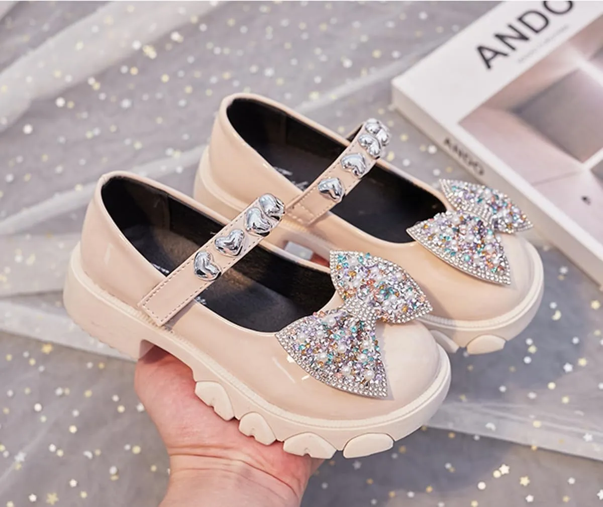 Kids Girls Mary Jane Flats with Bowknot and Rhinestones Dress Shoes for Wedding Party, Champagne, 11 M US Little Kid