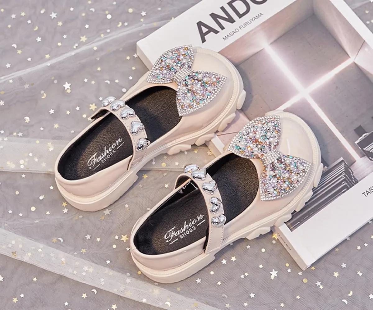 Kids Girls Mary Jane Flats with Bowknot and Rhinestones Dress Shoes for Wedding Party, Champagne, 11 M US Little Kid