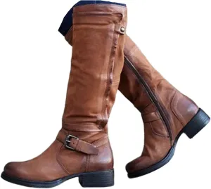 Knee High Boots Women Wide Calf Flat Heel Buckle Riding Boots Side Zipper Mid Calf Fashion Motorcycle Biker Boots