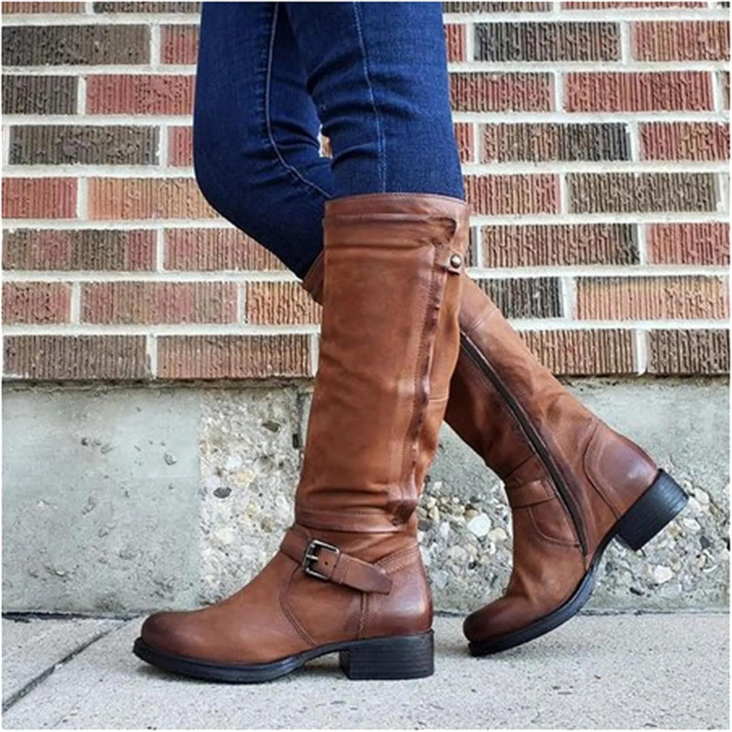 Knee High Boots Women Wide Calf Flat Heel Buckle Riding Boots Side Zipper Mid Calf Fashion Motorcycle Biker Boots